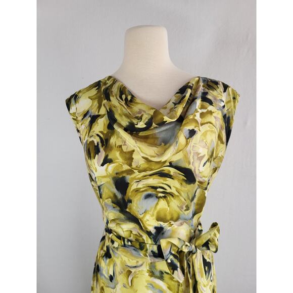 VTG 90s Talbots Collection Silk Watercolor Floral Midi Dress 14 Green Belted Bow - Picture 3 of 12